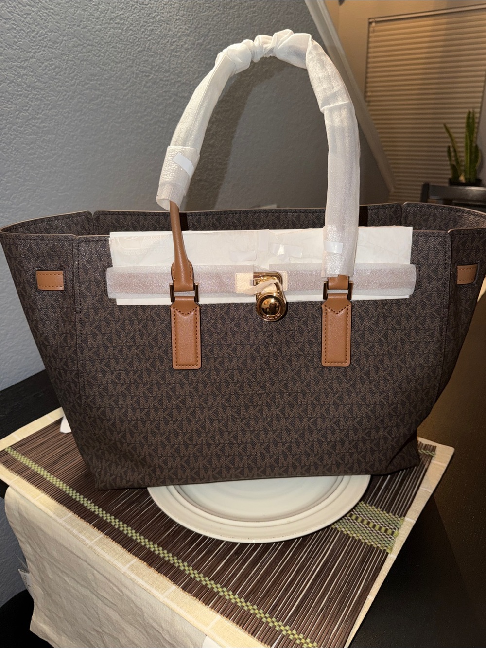 Michael Kors Brown MK Logo Tote with Tan Leather Accents